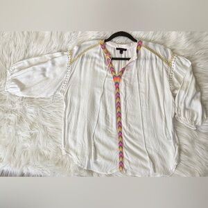 Signature Studio White Peasant Blouse with Multicolor Chevron Trim